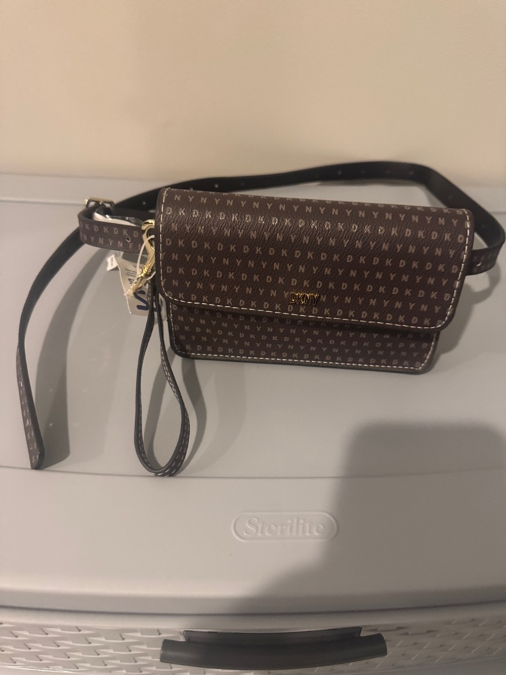 DKNY Brown Monogram Crossbody with Gold Accents
